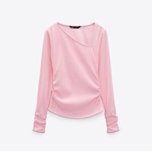 Zara Women’s Pink Stretch Asymmetrical Gathering Long Sleeve Blouse